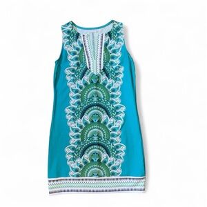 New York & Company Teal and Green Patterned Dress